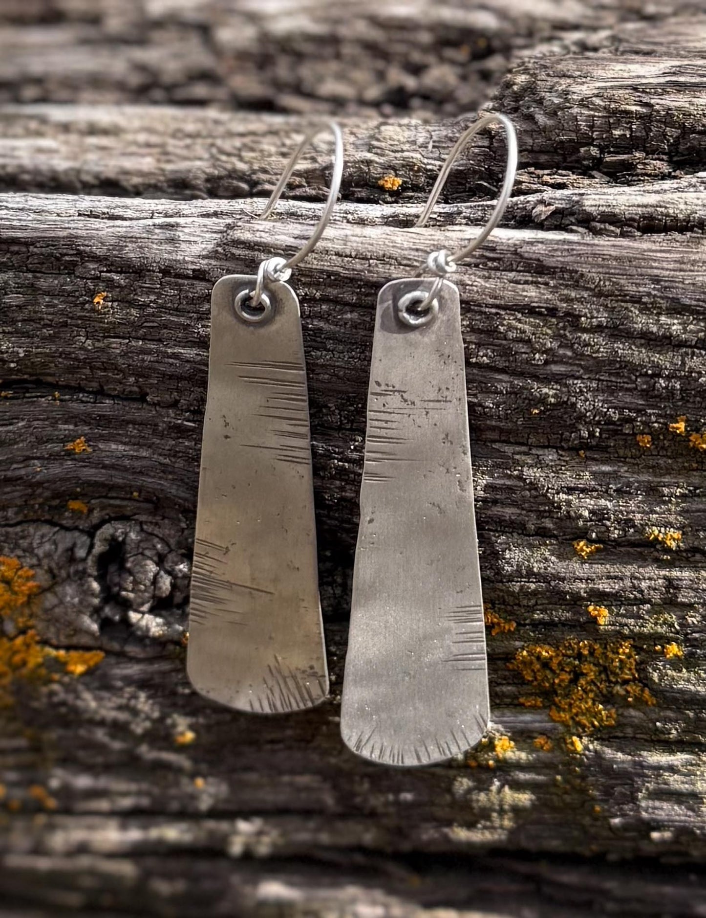 Pair of silver earrings on a wooden surface with lichen.