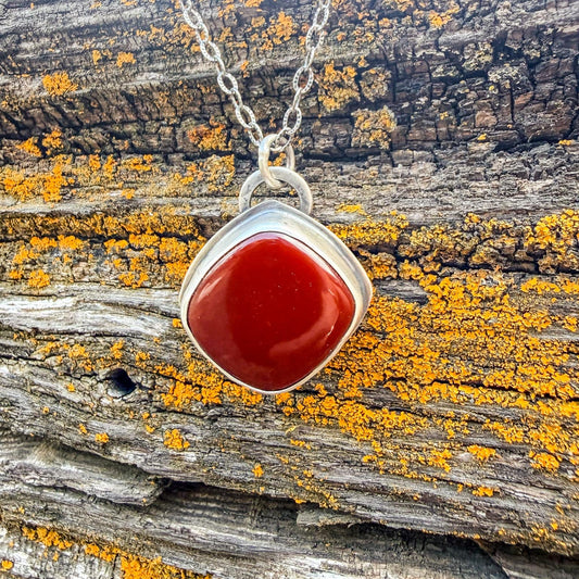 Red pendant necklace on a wooden surface with lichen