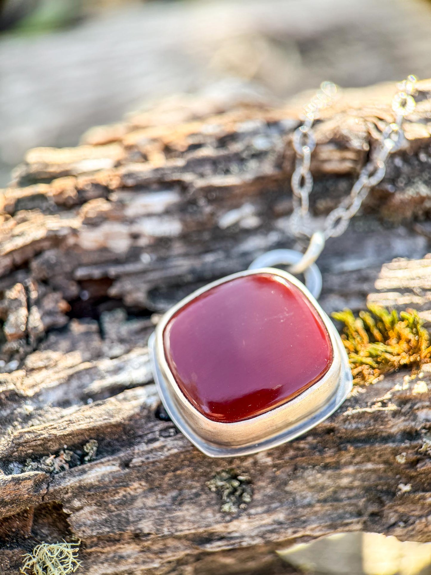 Red stone pendant on a silver chain lying on a wooden surface with moss.