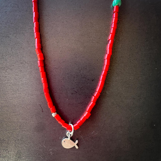 Bright red African trade bead choker with silver fish charm – handmade by Mend Metalworks