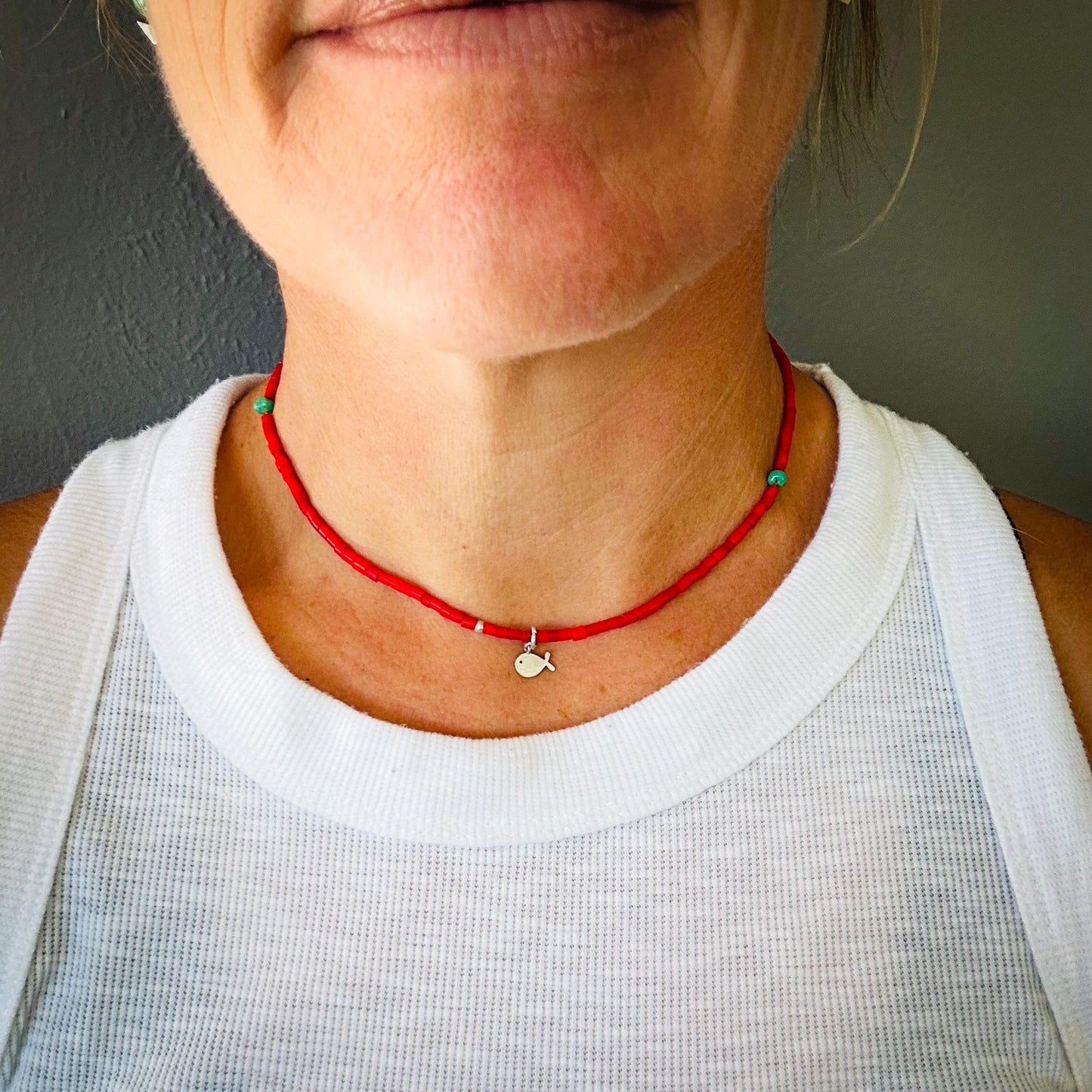 Beaded Fish Choker | Handmade Sterling Silver + African Trade Beads | 16” Boho Necklace