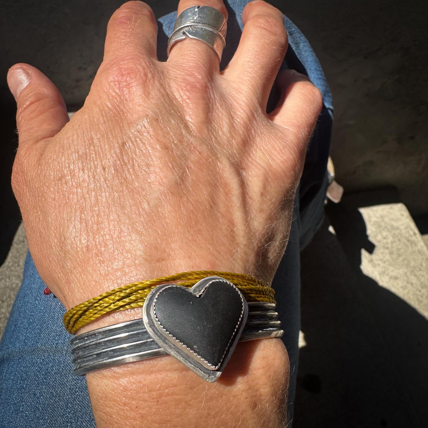 Black Jade Heart + Sterling Silver Cuff Bracelet | Handmade Oxidized Bracelet