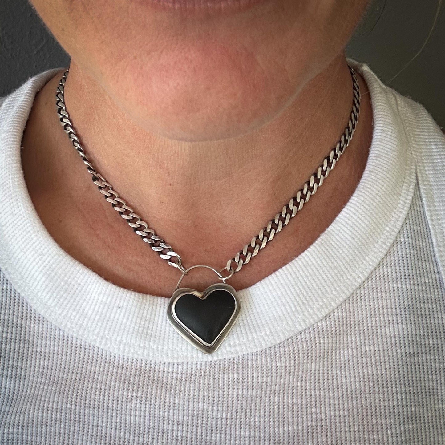 Black Jade Heart + Sterling Silver Curb Chain | Shadow Heart Necklace |