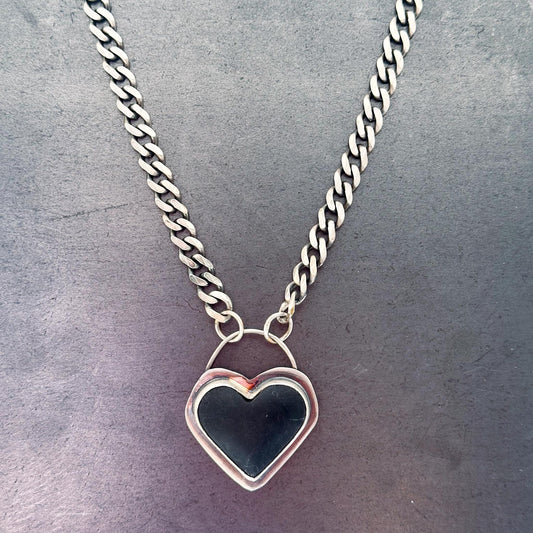Black jade heart necklace on oxidized sterling silver curb chain – handmade by Mend Metalworks