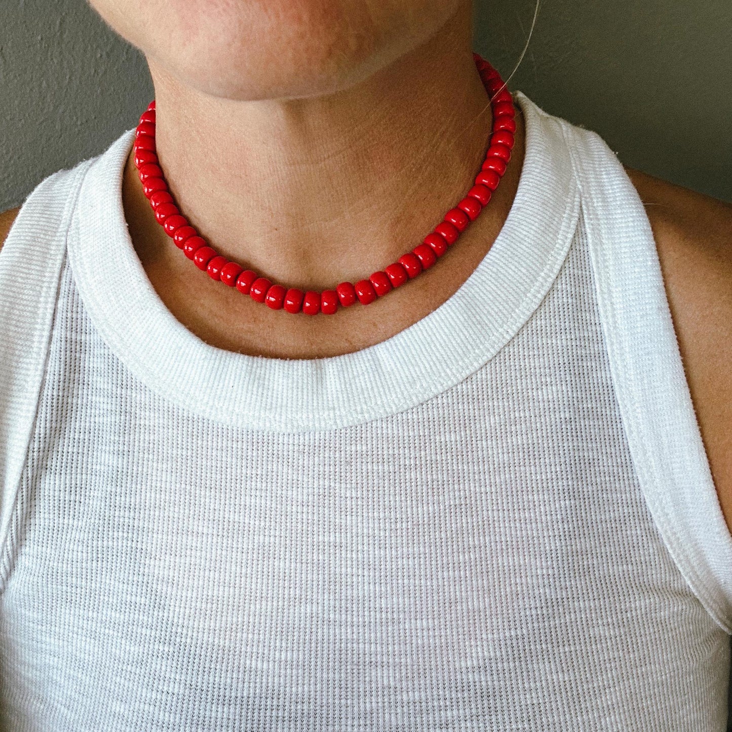 African Trade Bead Choker | Bright Red Beads + Sterling Silver | 16" Handmade Necklace