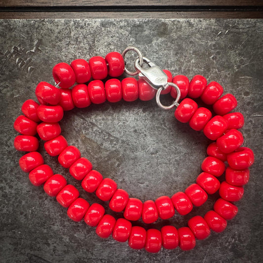 Bright red African trade bead choker with sterling silver clasp – handmade by Mend Metalworks