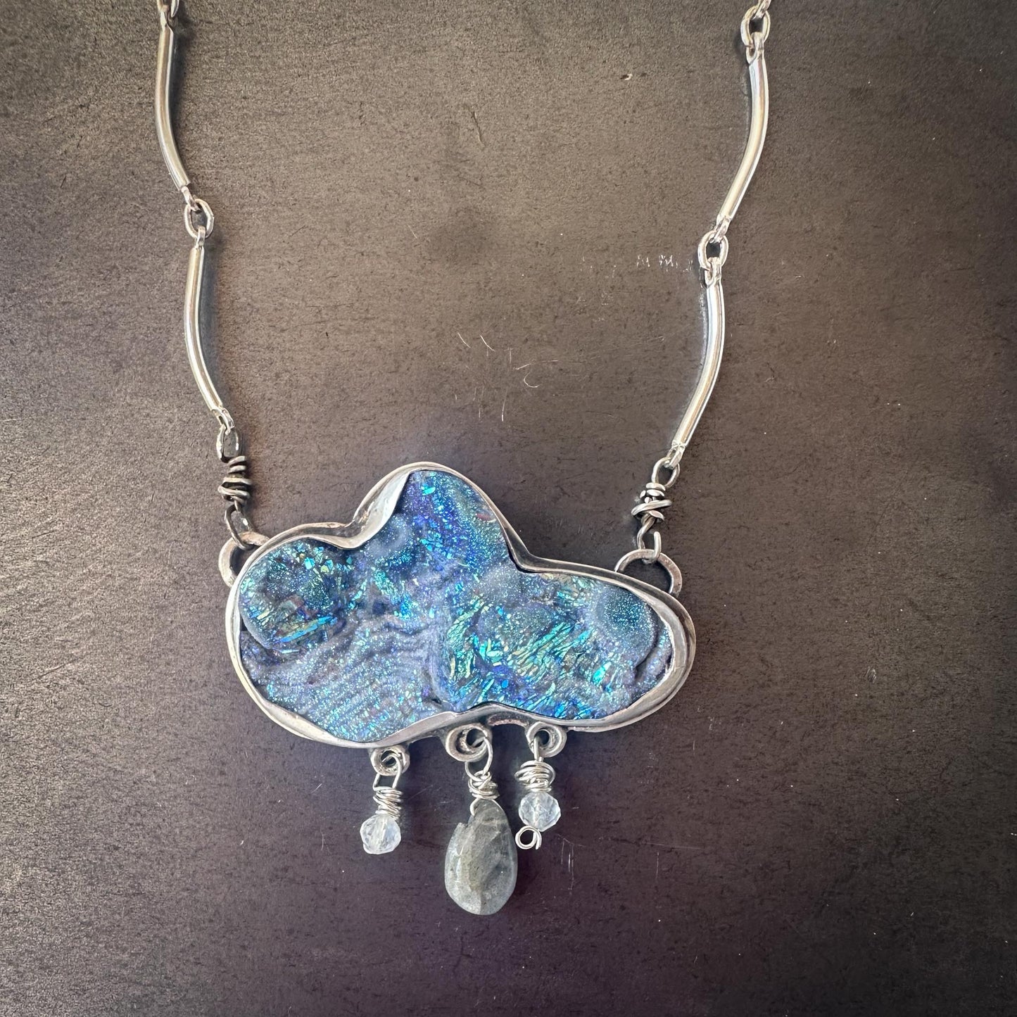 Cloud Necklace | Moonstone + Labradorite Raindrops | 18" Handmade Scalloped Chain