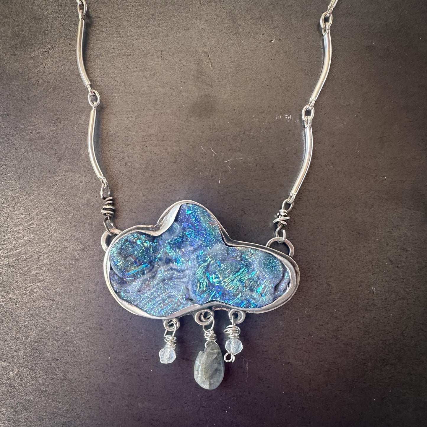 Cloud Necklace | Moonstone + Labradorite Raindrops | 18" Handmade Scalloped Chain