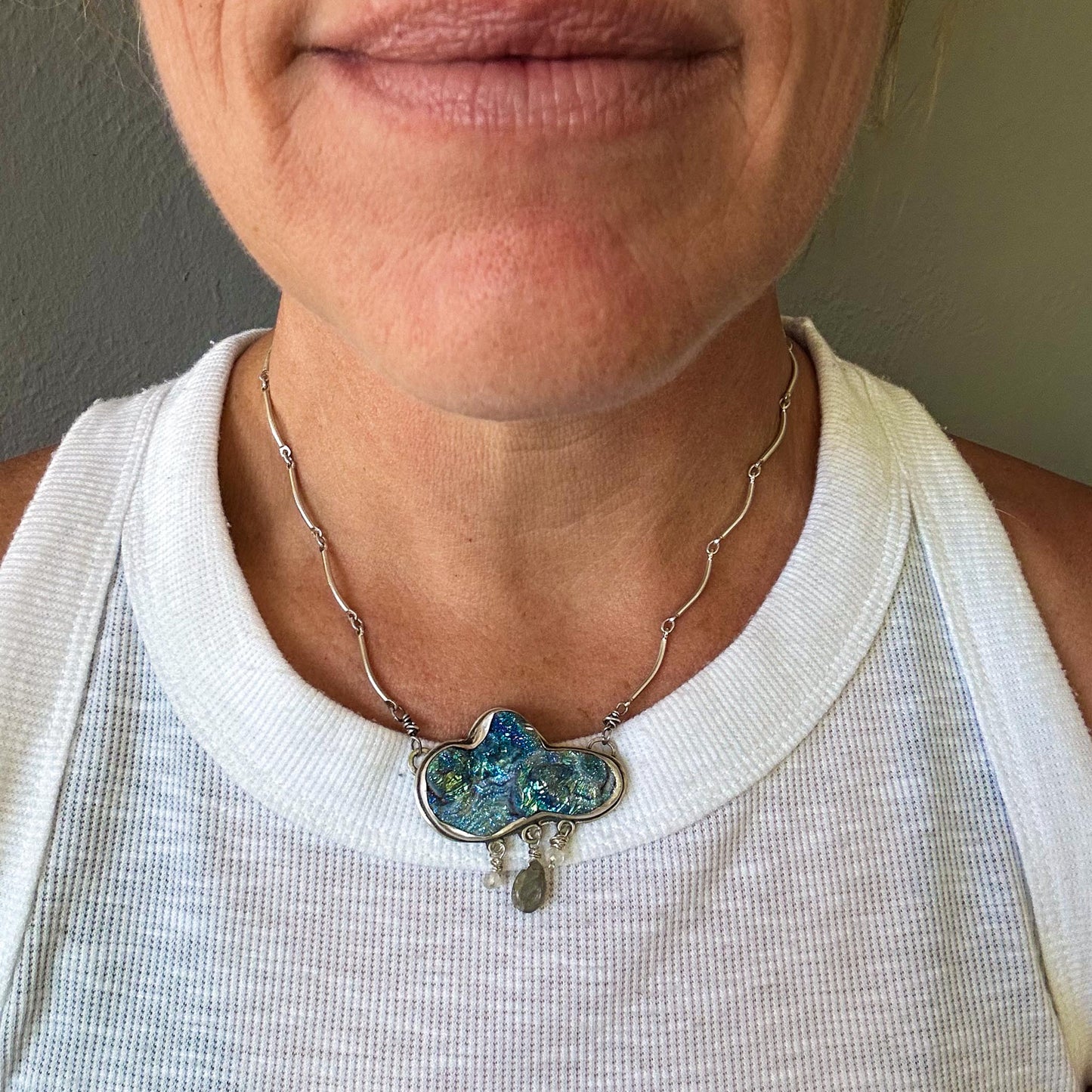 Cloud Necklace | Moonstone + Labradorite Raindrops | 18" Handmade Scalloped Chain