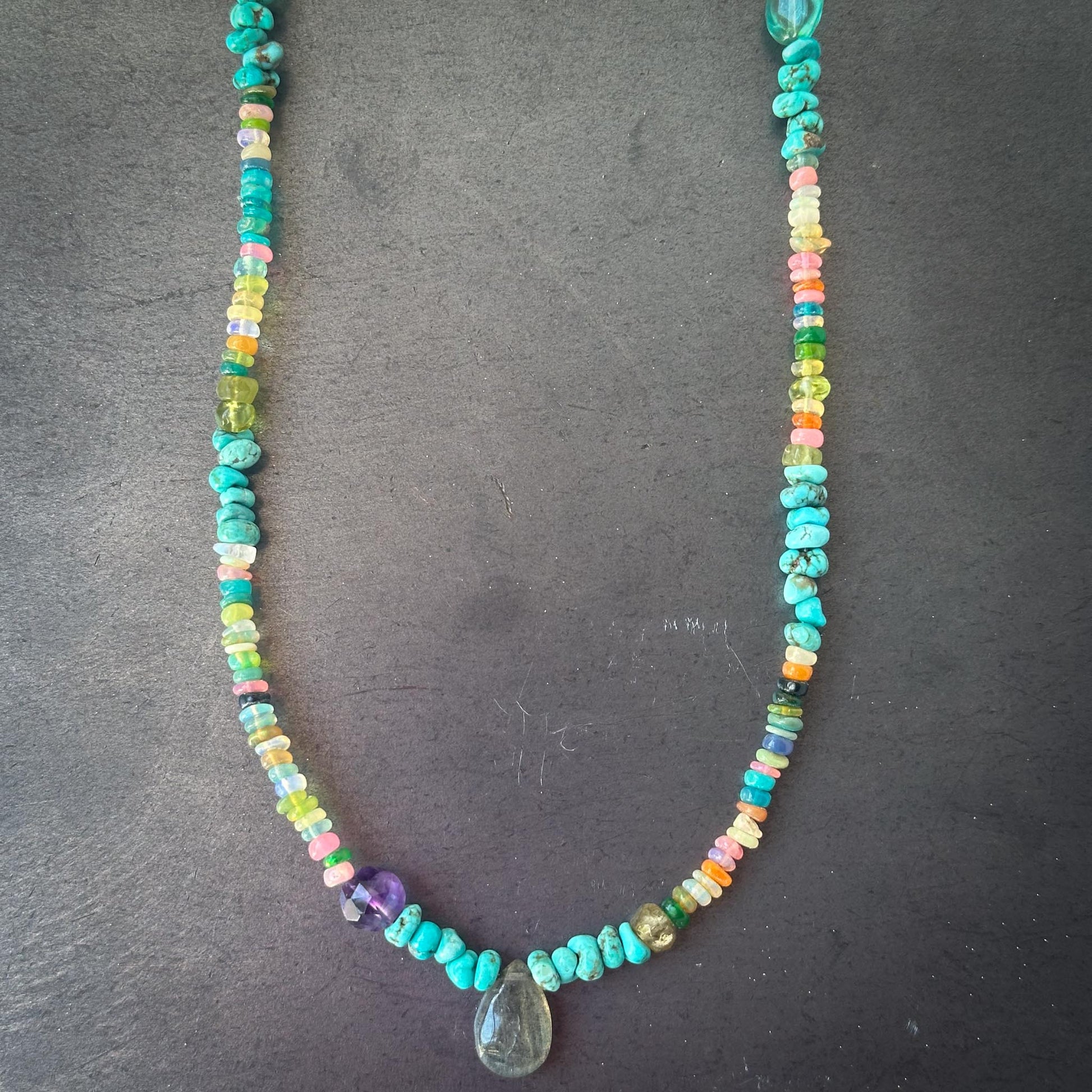 Rainbow beaded choker with turquoise, opal, labradorite, and amethyst – handmade by Mend Metalworks
