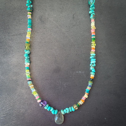Rainbow beaded choker with turquoise, opal, labradorite, and amethyst – handmade by Mend Metalworks