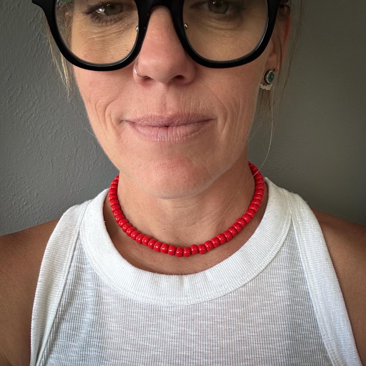 African Trade Bead Choker | Bright Red Beads + Sterling Silver | 16" Handmade Necklace