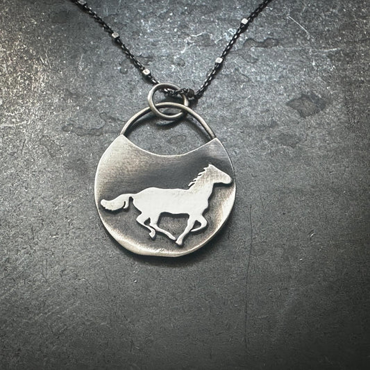 Sterling Silver Horse Talisman Necklace | Galloping Horse on Full Moon