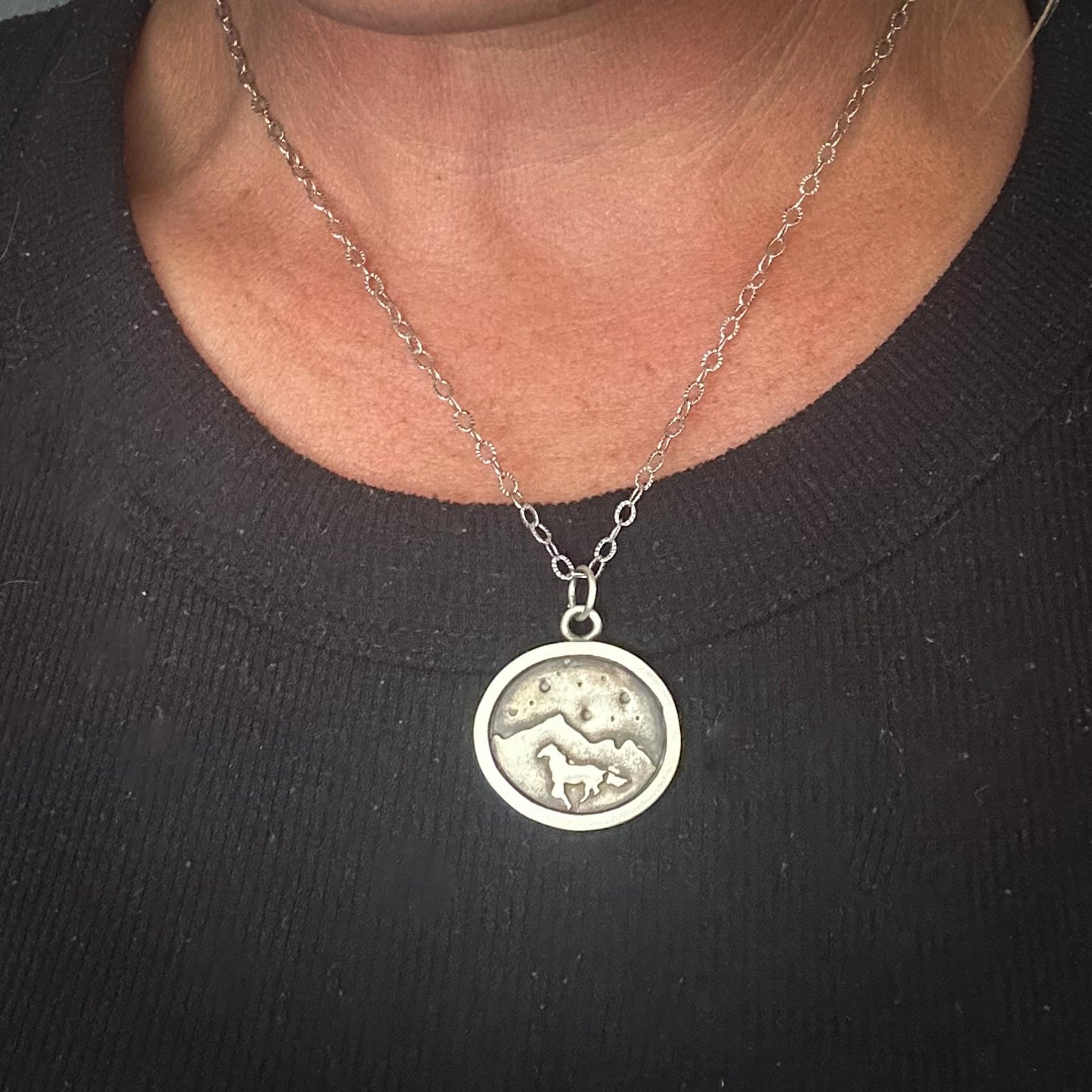 Handmade Sterling Silver Horse Necklace | Galloping Horse Mountain Scene Silver Necklace