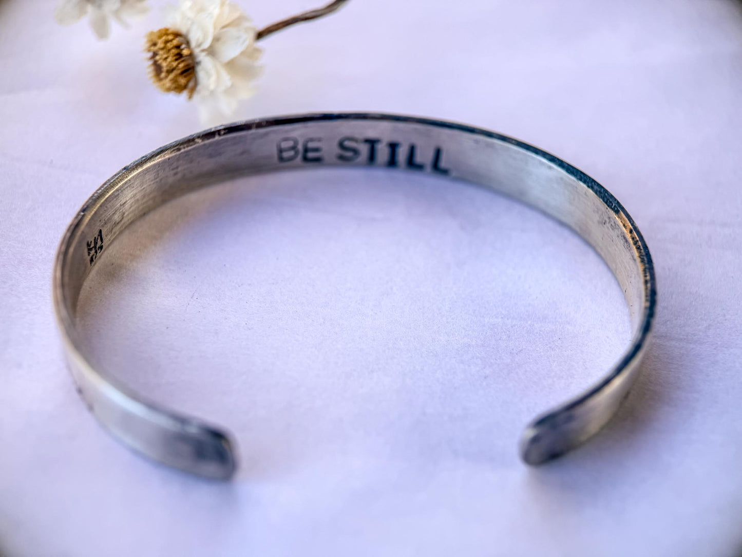 Sterling Silver Stamped Cuff Bracelet | BE STILL Rectangle Cuff | Stand Collection