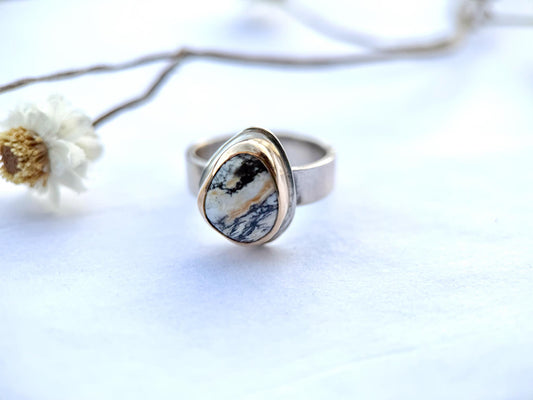 White Buffalo Turquoise Petite Ring | Gold Fill Bezel Sterling Silver Band | Stand Collection