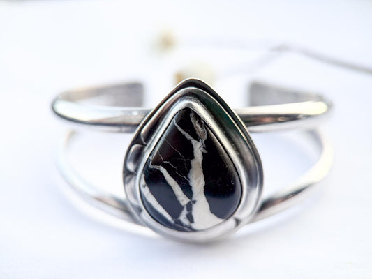 White Buffalo Turquoise Cuff Bracelet | Sterling Silver Teardrop Statement Cuff | Stand Collection