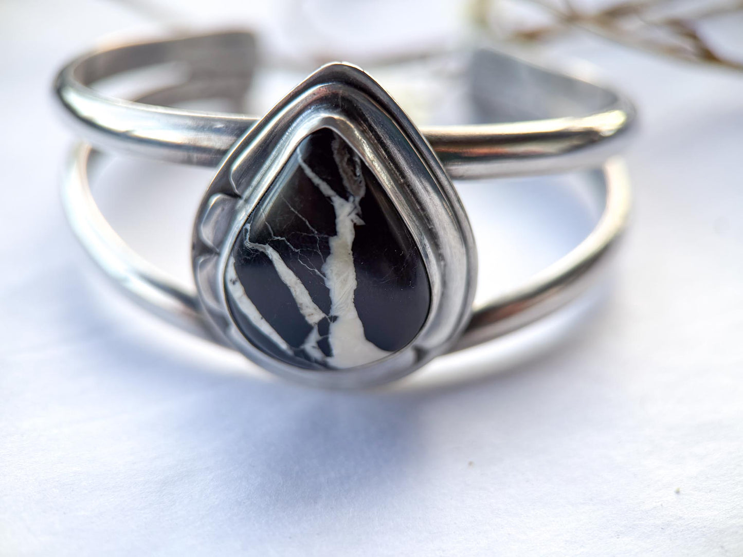 White Buffalo Turquoise Cuff Bracelet | Sterling Silver Teardrop Statement Cuff | Stand Collection