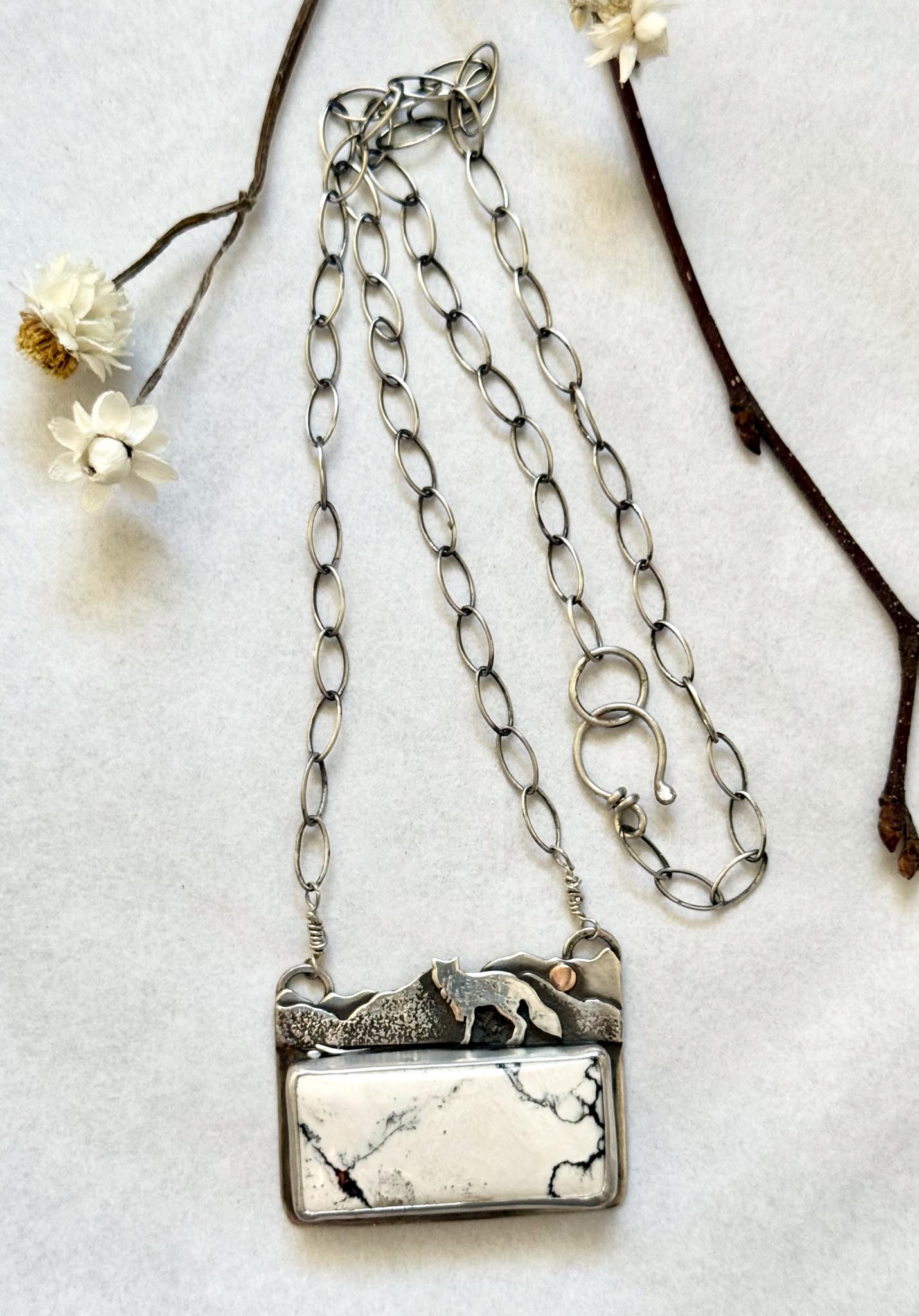 White Buffalo Turquoise Mountain Necklace | Fox and Moon Sterling Silver Pendant | Stand Collection