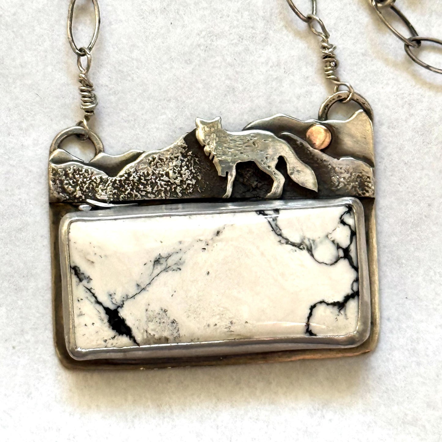 White Buffalo Turquoise Mountain Necklace | Fox and Moon Sterling Silver Pendant | Stand Collection