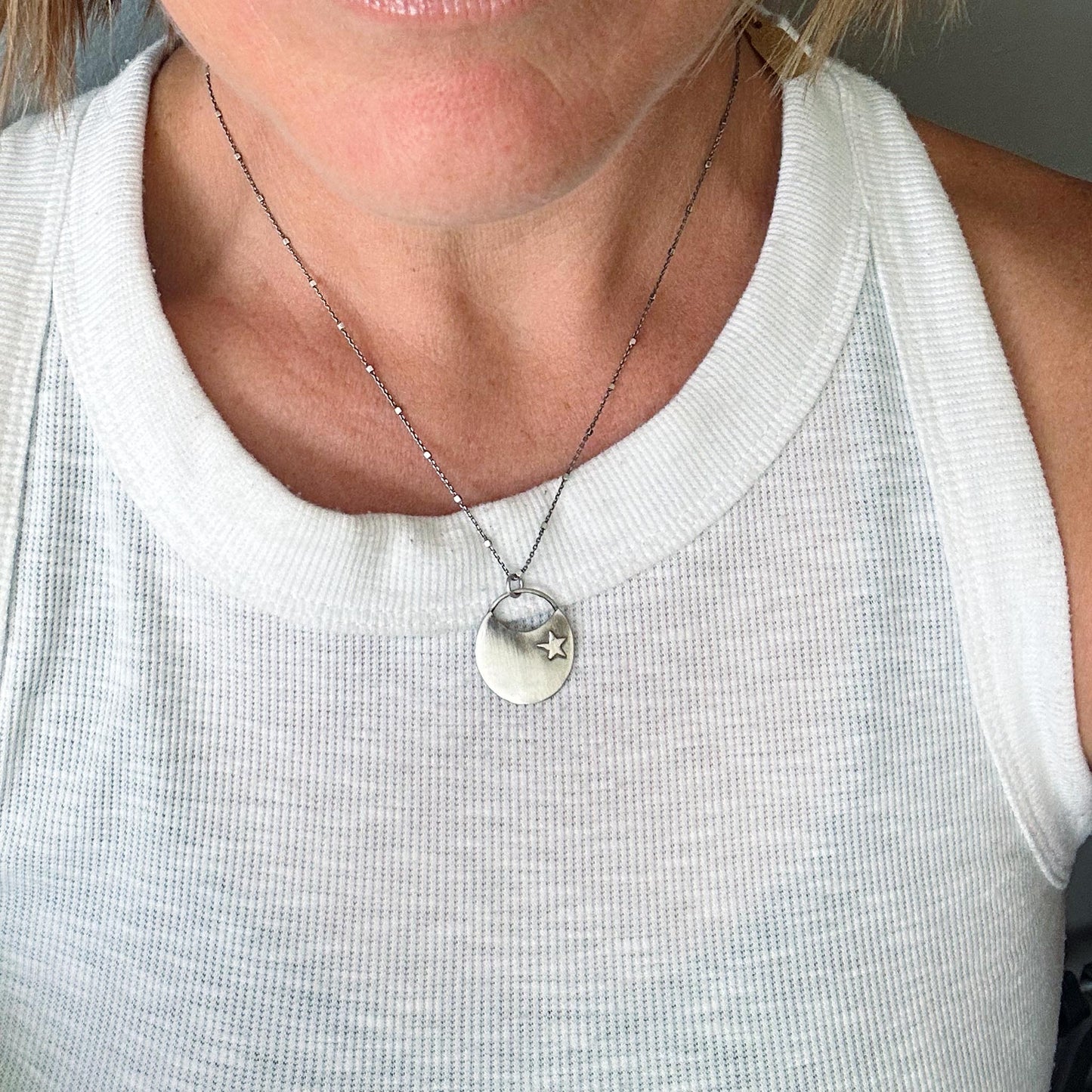 Guiding Light Necklace | Crescent Disc with Star | Hand-Fabricated Sterling Silver