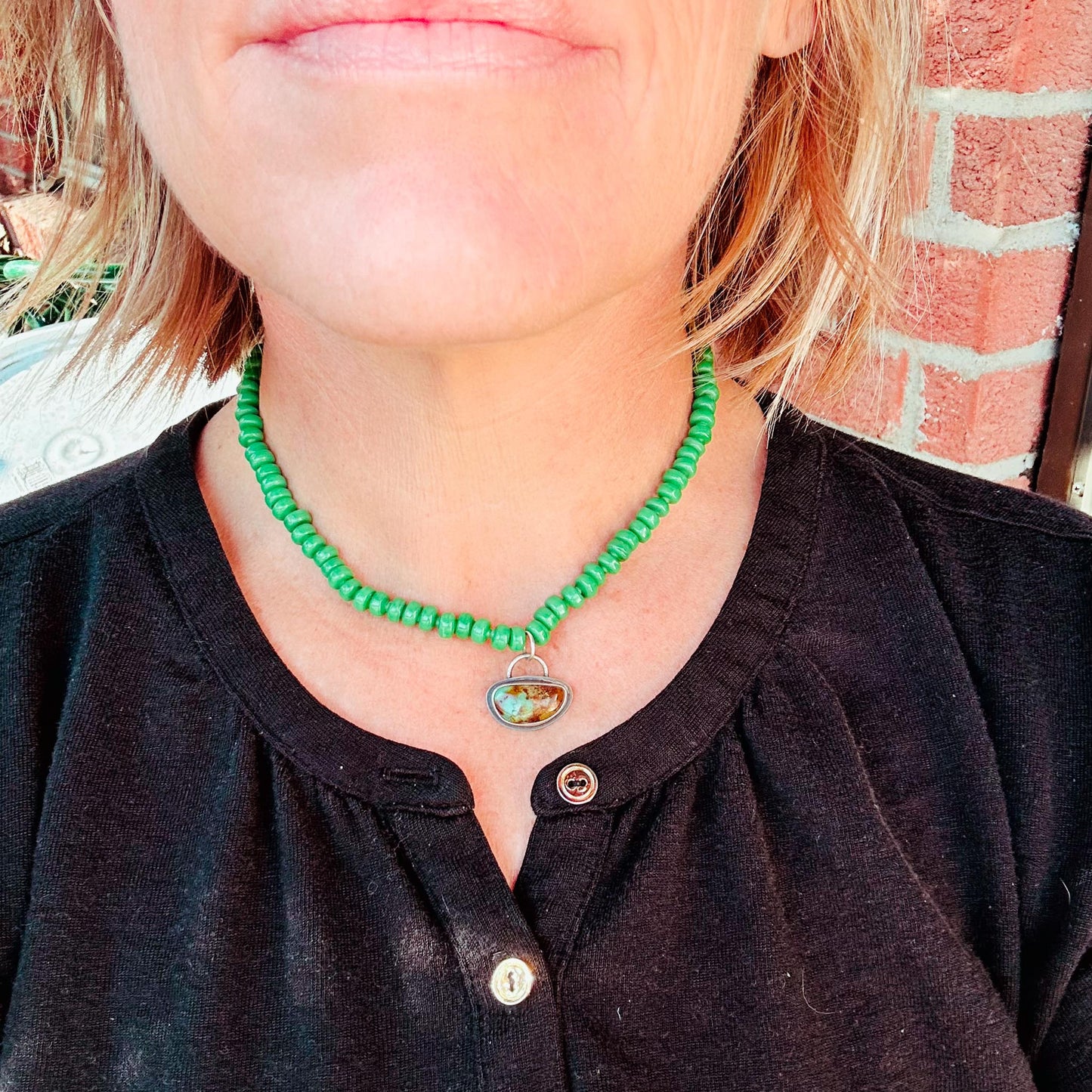 Kelly Green Bead Choker with Turquoise Drop