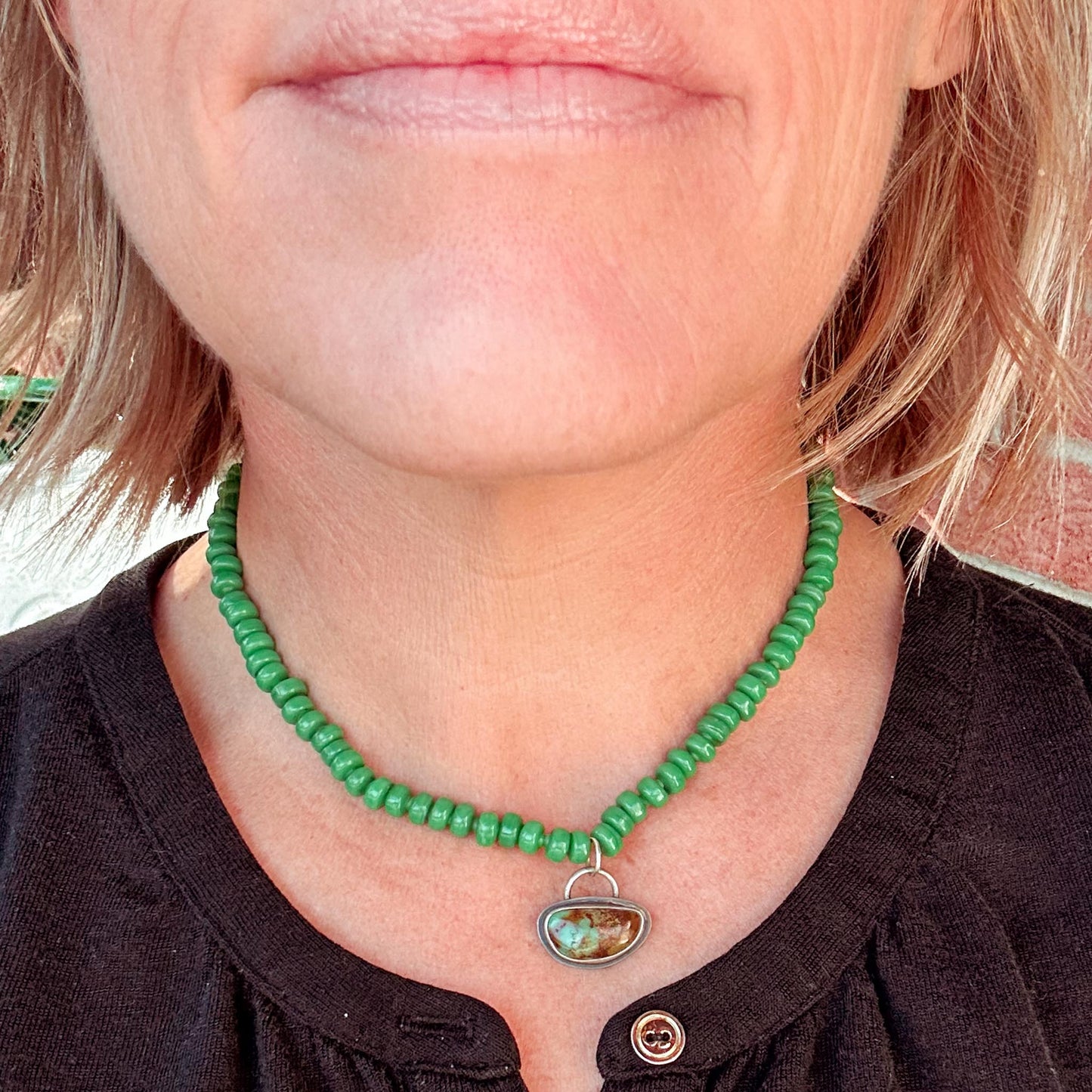 Kelly Green Bead Choker with Turquoise Drop