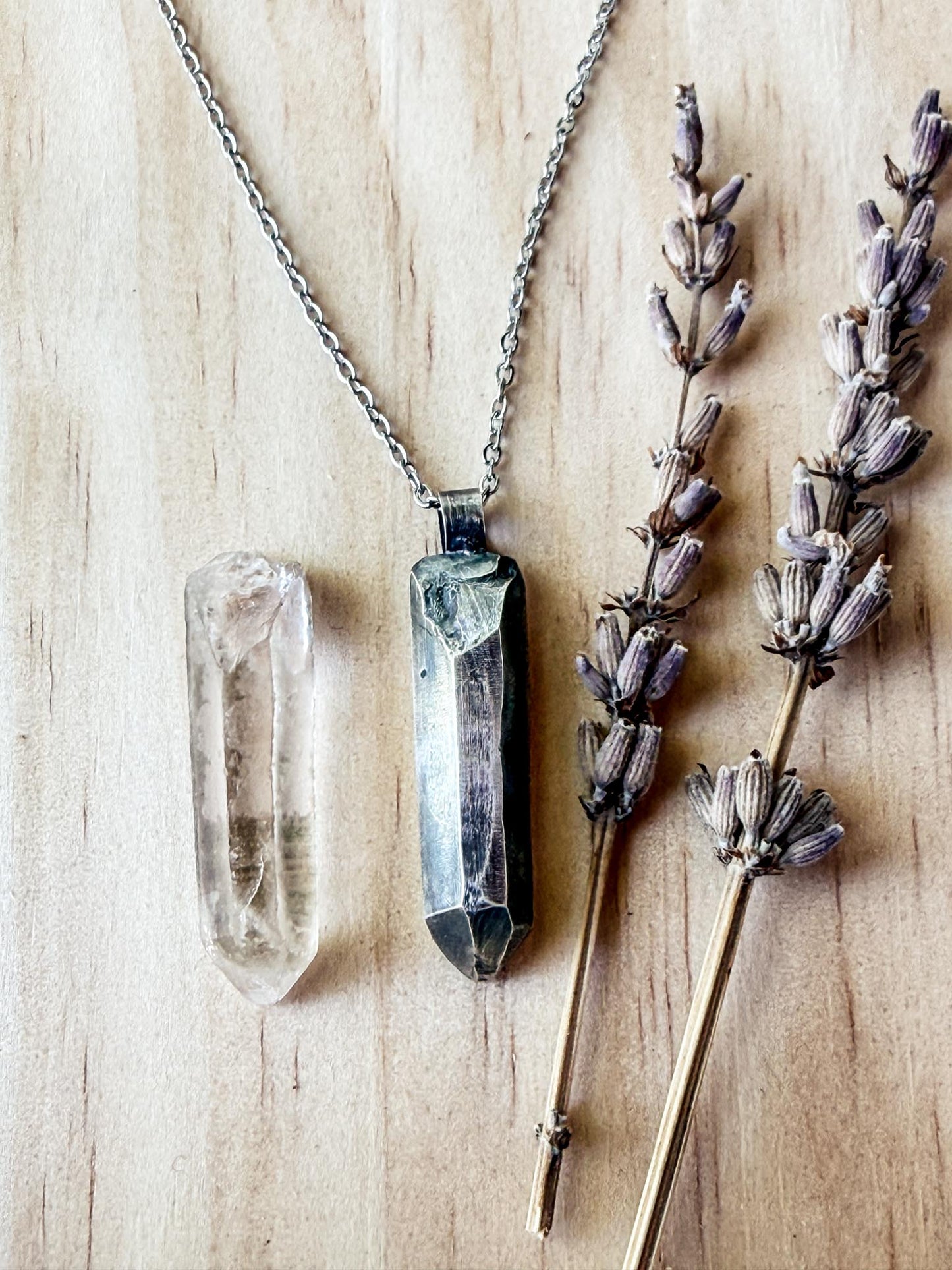 Sterling Silver Crystal Casting Necklace | Handmade Quartz Inspired Pendant | 1 1/4" Silver Crystal