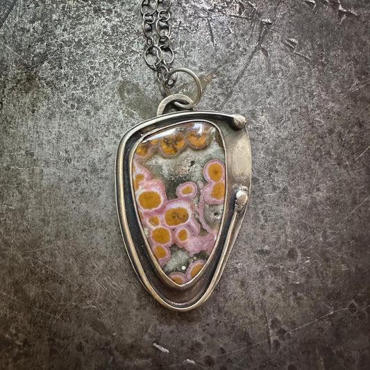 Ocean jasper pendant with yellow orbs, green druzy, and oxidized sterling silver – handmade by Mend Metalworks