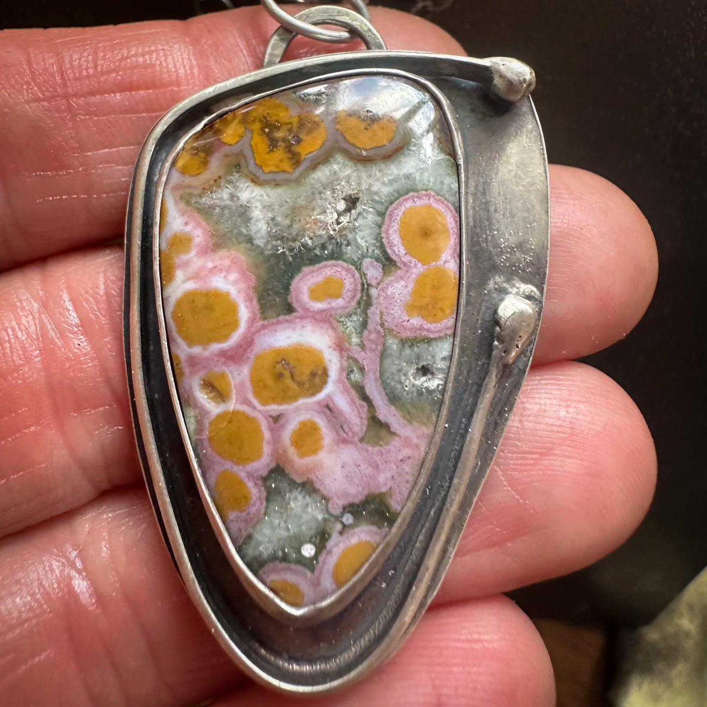 Ocean Jasper Pendant Necklace | Yellow Orb Druzy + Oxidized Sterling Silver | 20" Adjustable Chain