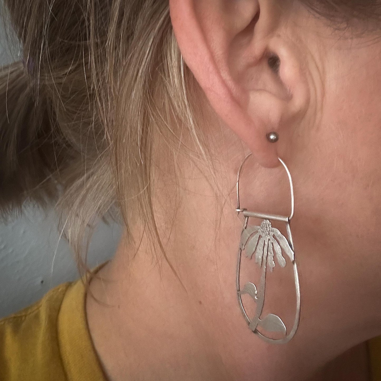 Sterling Silver Echinacea Earrings | Hand-Fabricated Botanical Design | Side-Facing Floral Hoops