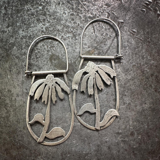 Sterling Silver Echinacea Earrings | Hand-Fabricated Botanical Design | Side-Facing Floral Hoops