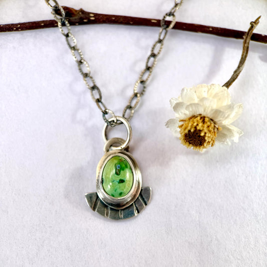 Sonoran Gold Turquoise Necklace in Sterling Silver | Small Fan Back Detail | 18 Inch Oxidized Chain