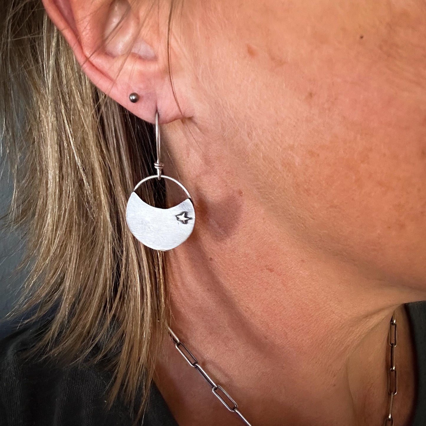 North Star Crescent Disc Earrings | Sterling Silver + Hand-Pierced Stars | Ride the Wind Collection